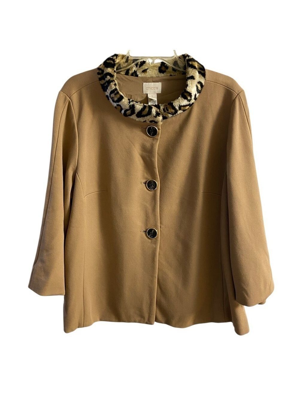 Chico's Tan Jacket with Leopard Print Collar XL